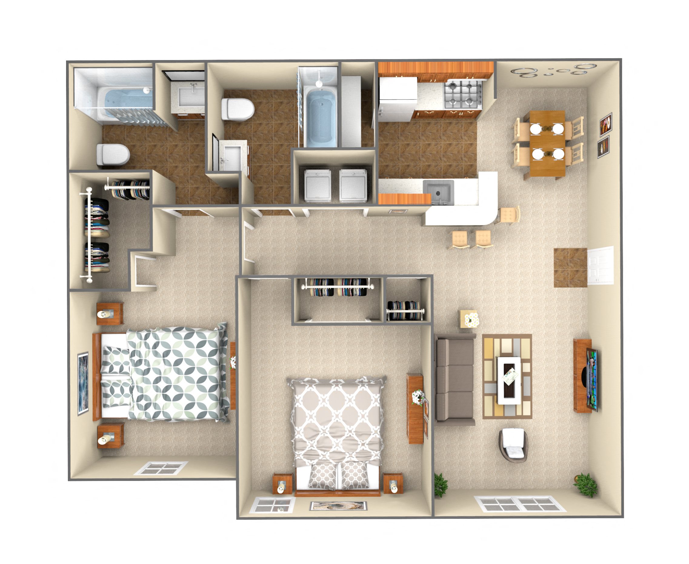 Floor plan for 2 beds, 1 bath, 917 sqft